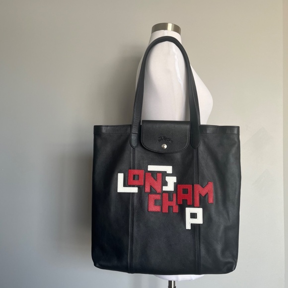 Longchamp Le Pliage Cuir LGP Graffiti Leather Tote Black Graphic Shoulder Bag - Picture 2 of 10